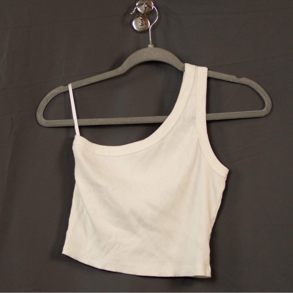 One Shoulder White Cropped Tank Top - Picture 2 of 3